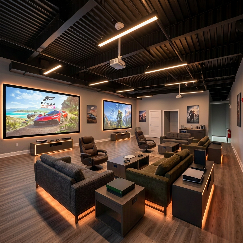 Private gaming lounge with dual 300-inch 4K laser projection