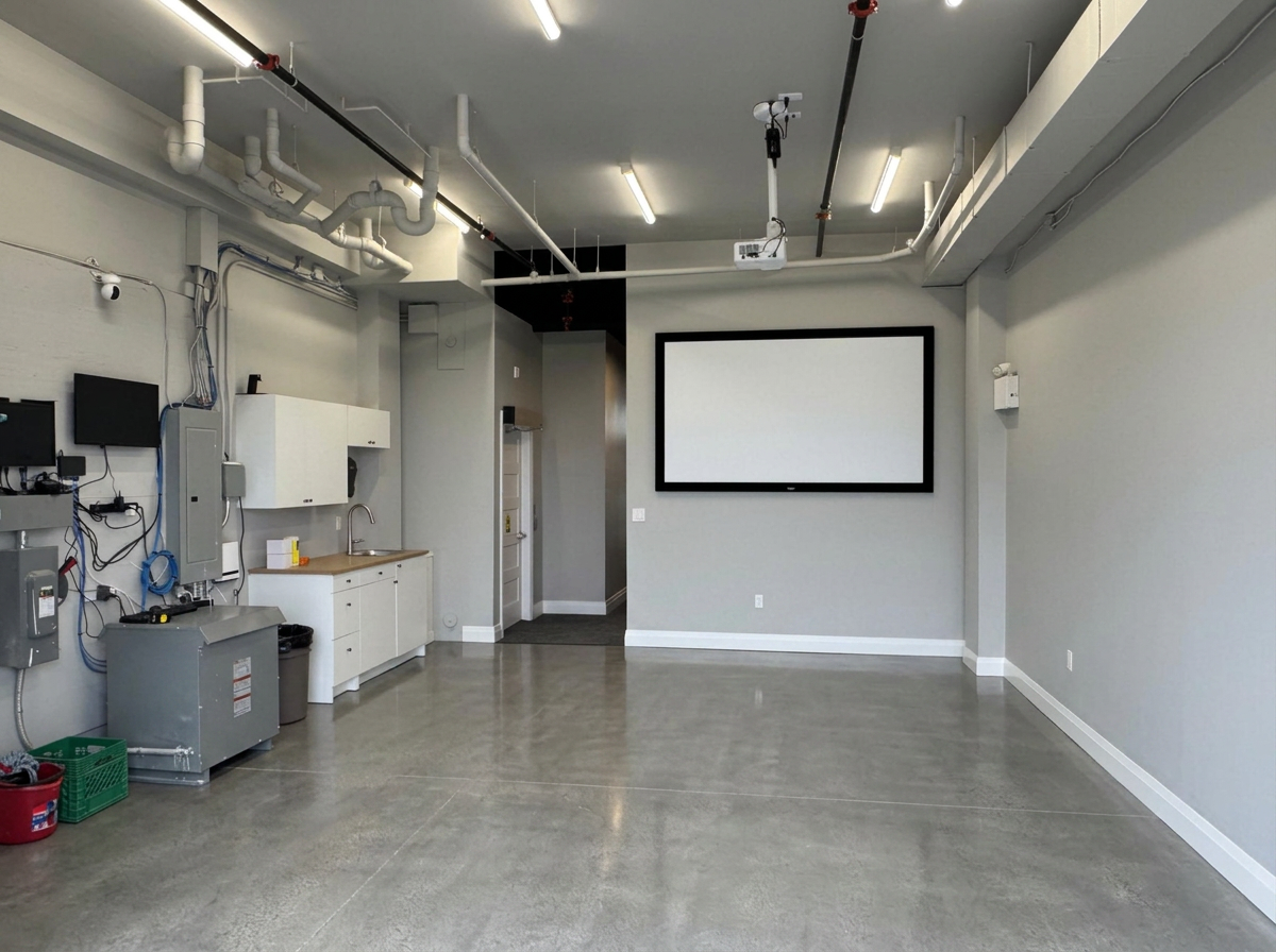 Short term warehouse rental space with 4K projection